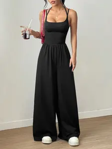 Women's Spring Summer Casual Basic Sleeveless Adjustable Spaghetti Strap Ruched Loose Straight Leg Solid Jumpsuit, Simple Minimalist Fashion Daily Versatile One-Piece Pants