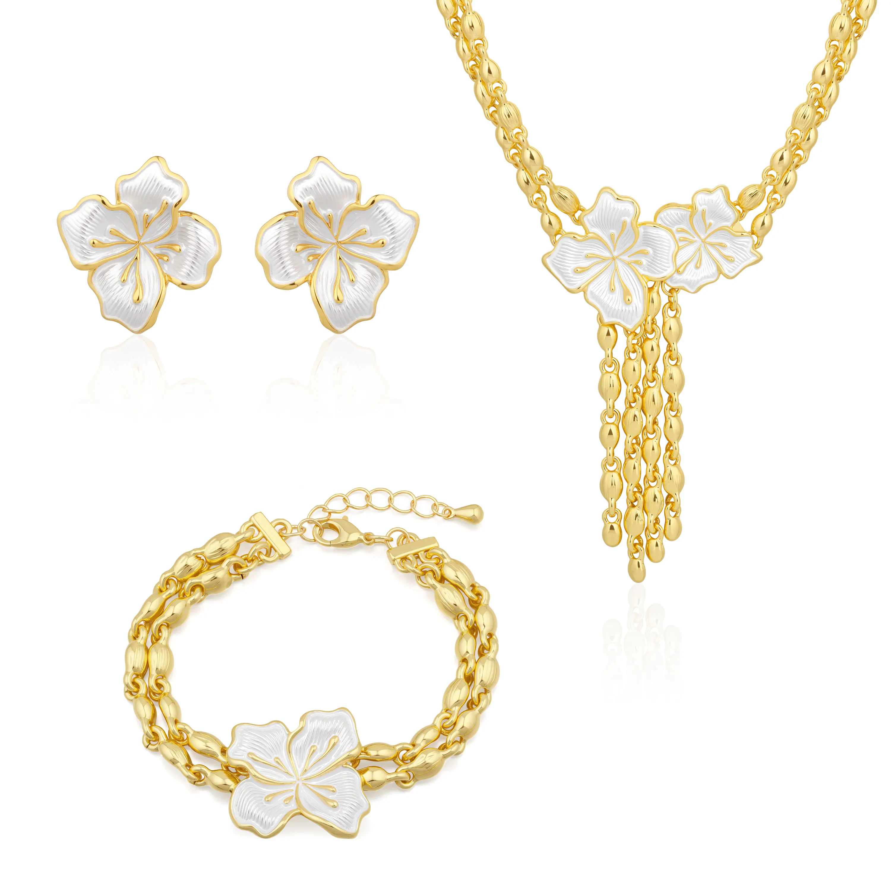 Aprilery Hibiscus Floral Jewelry Set – Elegant Gold-Tone Necklace, Bracelet, and Earrings with Enamel Hibiscus Design