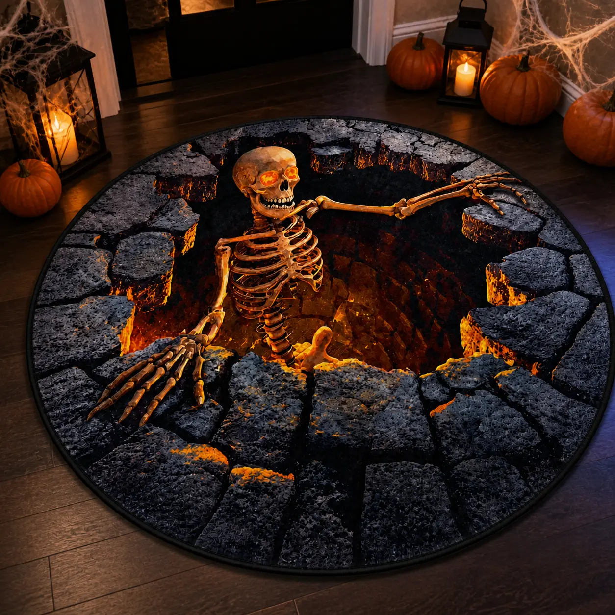 3D Halloween Skeleton Illusion Round Rug, Optical Illusion Area Rug, Spooky Halloween Floor Mat for Living Room, Haunted House & Halloween Party Decor