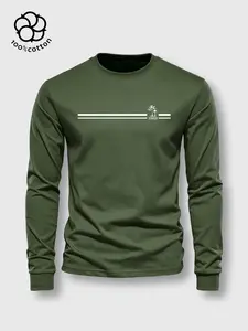 1pc, Men's Pure Cotton Crew Neck Long Sleeve T-Shirt, Ribbed Cuffs, Moderately Thick Fabric, Minimalist Vintage Vacation-Style Palm Tree Print, Unisex All-Season Versatile Casual Basic Top, Perfect Holiday Gift