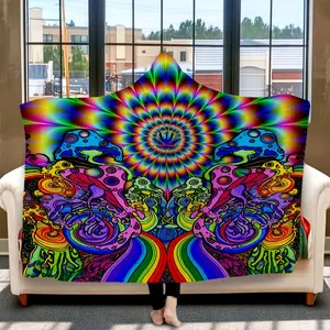 1pc Psychedelic Mushroom Rainbow Cannabis Leaf Digital Print Hooded Blanket, Oversized Wearable Flannel Poncho Cloak for Adults, Super Soft & Warm for Lounging, Gaming, Watching TV, Reading, Nappi, Cozy Hooded Blanket
