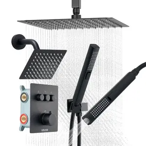 Matte Black Thermostatic Ceiling-Mount Rain Shower Head Combination, 12-in Main Unit, 6-in Wall-Mount Unit, 2-in-1 Handheld Spray, 3-Function Leak-Proof Brass Trim Kit with NPT Threads