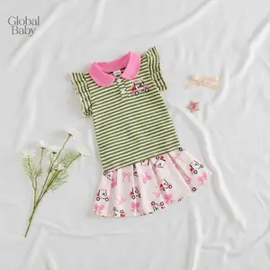 Global Baby Toddler Baby Girls Summer Outfit Cute Golf Cart Embroidery Stripe Bow Set 2-Piece Cotton Fabric Short-Sleeved Shirt With Front Buttons + Tennis Skirt Inner