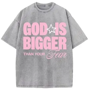 Men's "God Is Bigger Than Your Fear" Pink Text Vintage Washed 100% Cotton Fabric Round Neck T-Shirt, Faith Top Clothes,summerwins