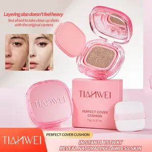 TIANWEI Perfect Cover Dual-Layer Cushion Foundation, 2 Shades (Natural & Ivory White), Hydrating Lightweight Formula, Brightens Skin Tone, Conceals & Controls Oil, Buildable Breathable Finish, with Square Puff Included