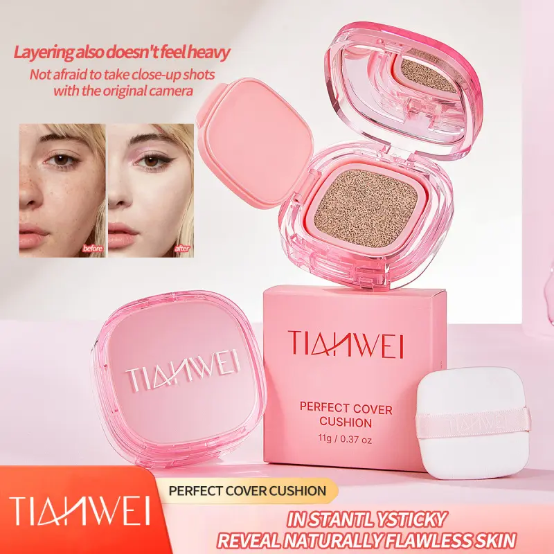 TIANWEI Perfect Cover Dual-Layer Cushion Foundation, 2 Shades (Natural & Ivory White), Hydrating Lightweight Formula, Brightens Skin Tone, Conceals & Controls Oil, Buildable Breathable Finish, with Square Puff Included