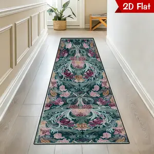 William Morris Style Floral Runner Rug - Vintage Art Nouveau Hallway Mat, Elegant Teal & Mauve Botanical Area Rug for Living Room & Entryway