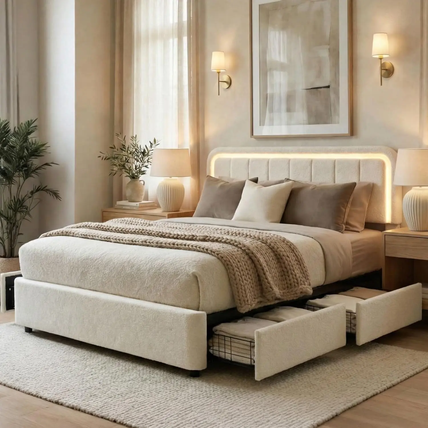 Cloud Bed Frame with LED Light, Boucle Upholstered Bed | Beige, 4 Storage Drawers, Soft Curved Corners, No Box Spring Needed, Easy Assembly, Adjustable Headboard
