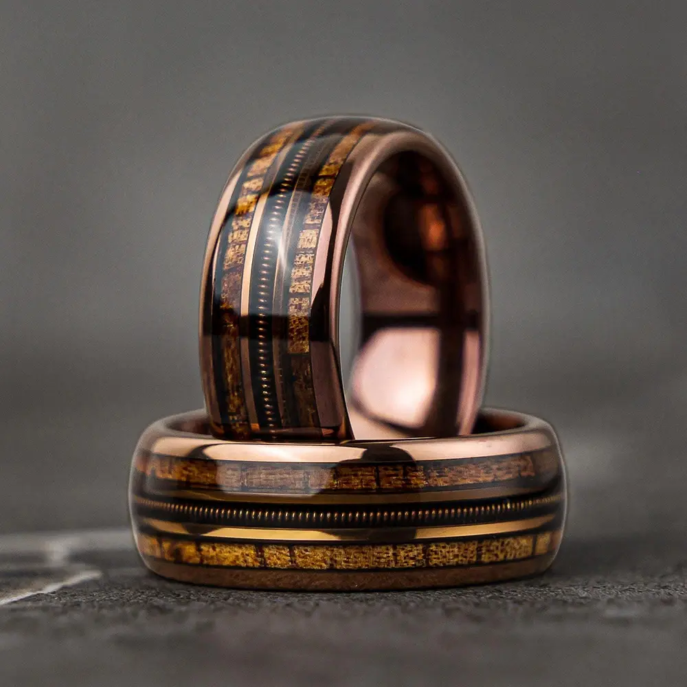 Fashion 8mm Rose Gold Color Stainless Steel Guitar String Rings for Men Koa Wood Inlay Ring Whiskey Barrel Mens Wedding Band