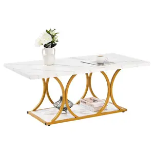 summervibes Large 2-Tier Rectangle Minimalist Faux Marble Coffee Table with Geometric Legs, Sturdy Frame, Easy Assembly, Minimalist Home Decor for Living Room, Office, White, Modern Accent Table, Rectangular Coffee Tables