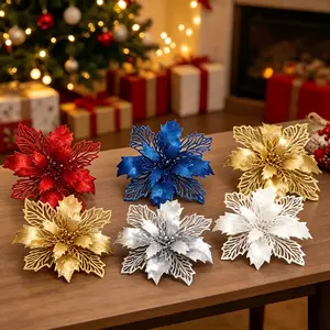 9pcs Flashing Poinsettia Decorative Flowers, Artificial Tree Ornaments for Christmas/holidays/seasons/weddings, Festive Decoration Set