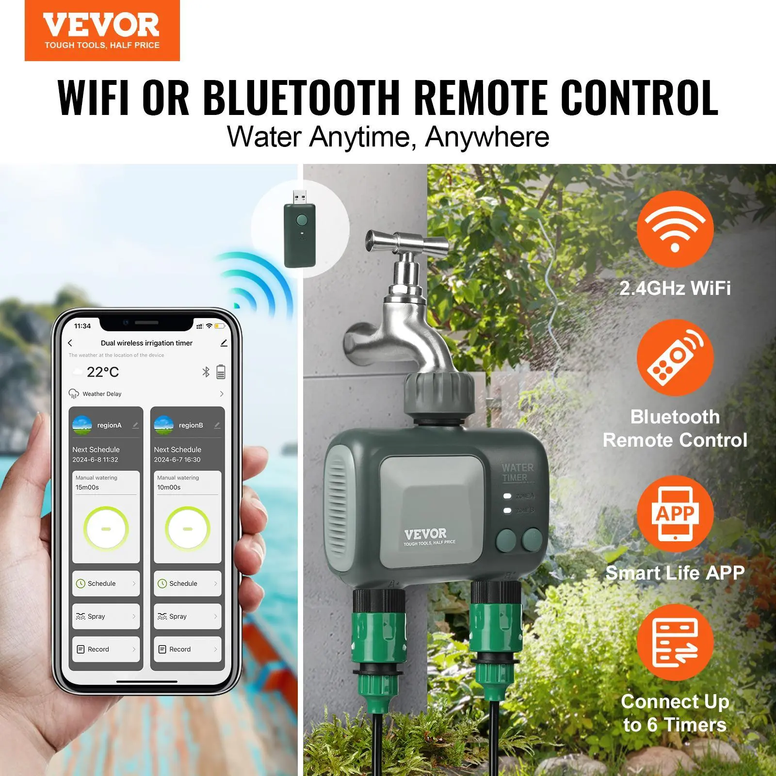 【Summerfinds】VEVOR WiFi Sprinkler Timer, 2 Outlets, Smart Hose Faucet Water Timer with Brass Inlet, APP Control via 2.4Ghz WiFi or Bluetooth, Voice Control with Alexa and Google Assistant, IPX6 for Yard Watering
