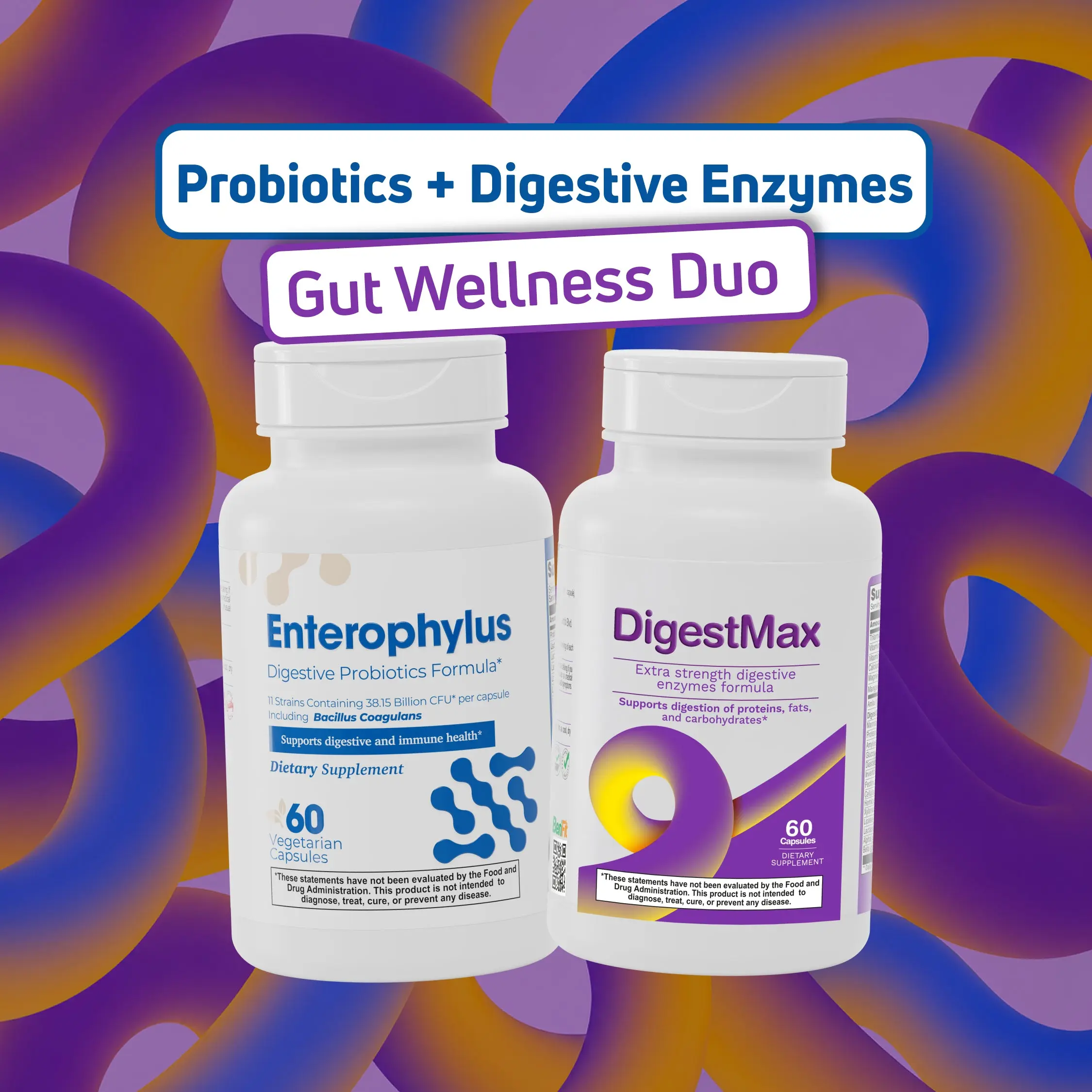 BenFit Complete Gut Support Bundle: 14-Strain Digestive Enzymes Capsules + 38.15B CFU Probiotic Capsules, 60 Count Each, for Gut Balance & Immune Support, Supplement, Enzymes+Probiotics