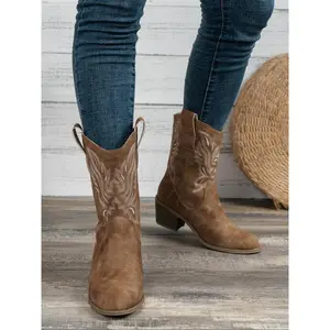 Women's short suede ankle boots with a bootie design, in a casual, stylish, and comfortable French-inspired boot style, perfect for autumn and winter wear, suitable for parties and outings, Western Cowboy Boot