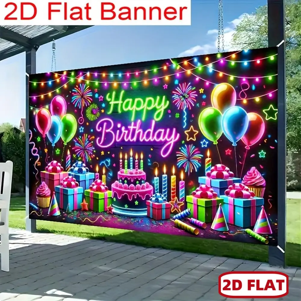 1pc Glam 2D Flat Neon Birthday Backdrop Banner, Durable Soft Polyester Party Decor with Neon Letters, Balloons, Gifts, Cupcakes Design for Photo Wall, Dessert Tables