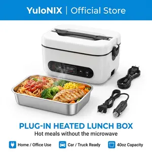 YuloNIX Electric Lunch Box Food Heater for Adults, Heated Lunch Box 12V/24V/110V Portable Food Warmer for Car/Truck/Office, Stainless Steel Container with Fork Spoon and Bag