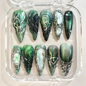 Emerald Green Press-On Nails: Silver Chrome Pearl Fairycore Nail Art