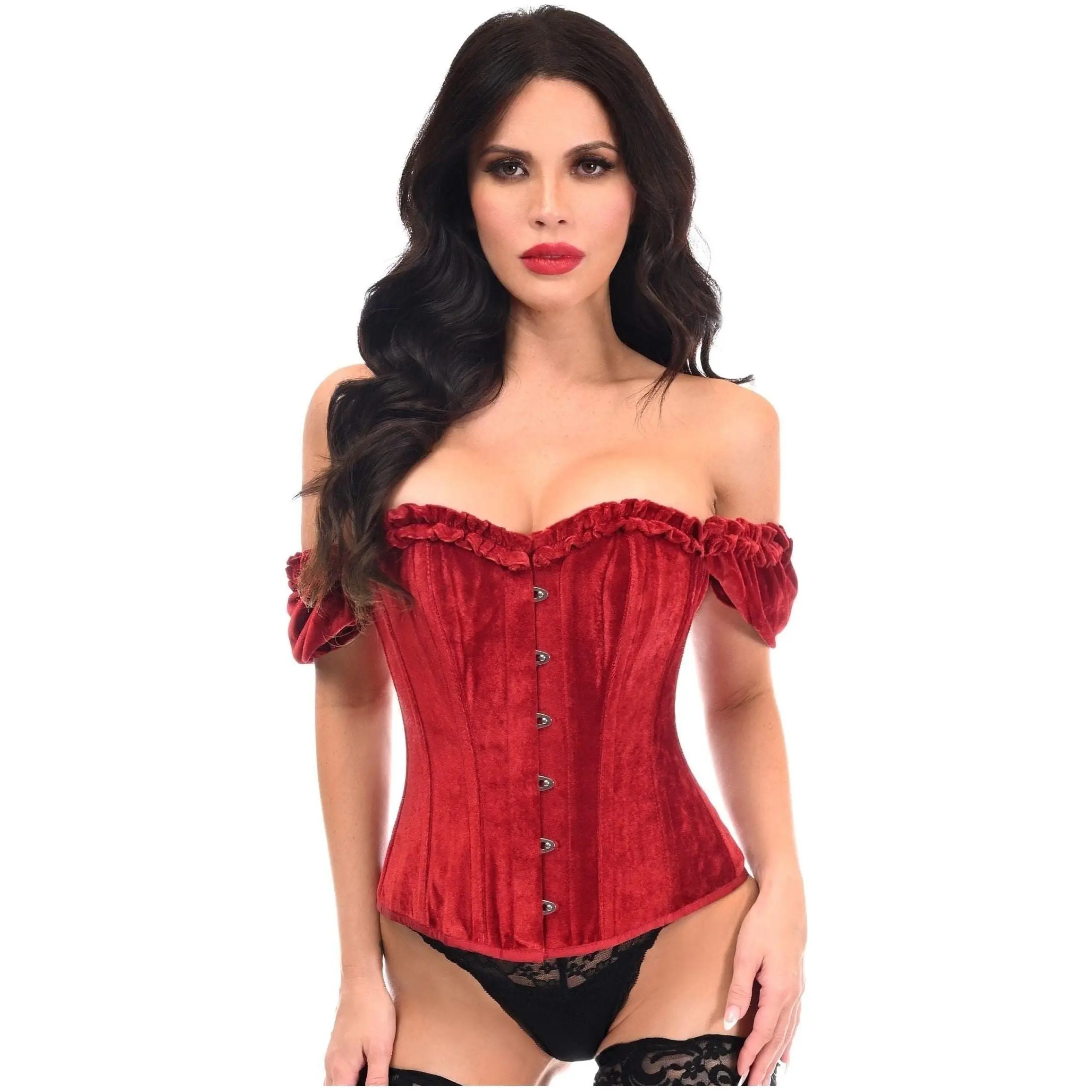 LIMITED EDITION Top Drawer Steel Boned Dark Red Velvet Overbust Corset w/Sleeves