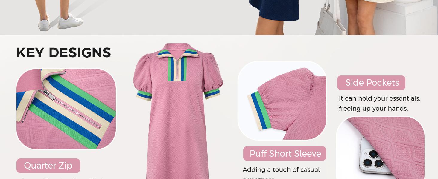 Fisoew Women's Active Sweatshirt Dress - Lady's Athletic Dress with Adjustable Quarter-Zip V-Neck, Textured Puff Short Sleeves, Breathable Fabric, Fit for Everyday Casual Wear