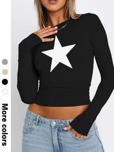 Women's Autumn Casual Slim-Fitting Long Sleeve Top, Round Neck Graphic Tee, Comfortable Geometric Star Print, Essential Wardrobe Item