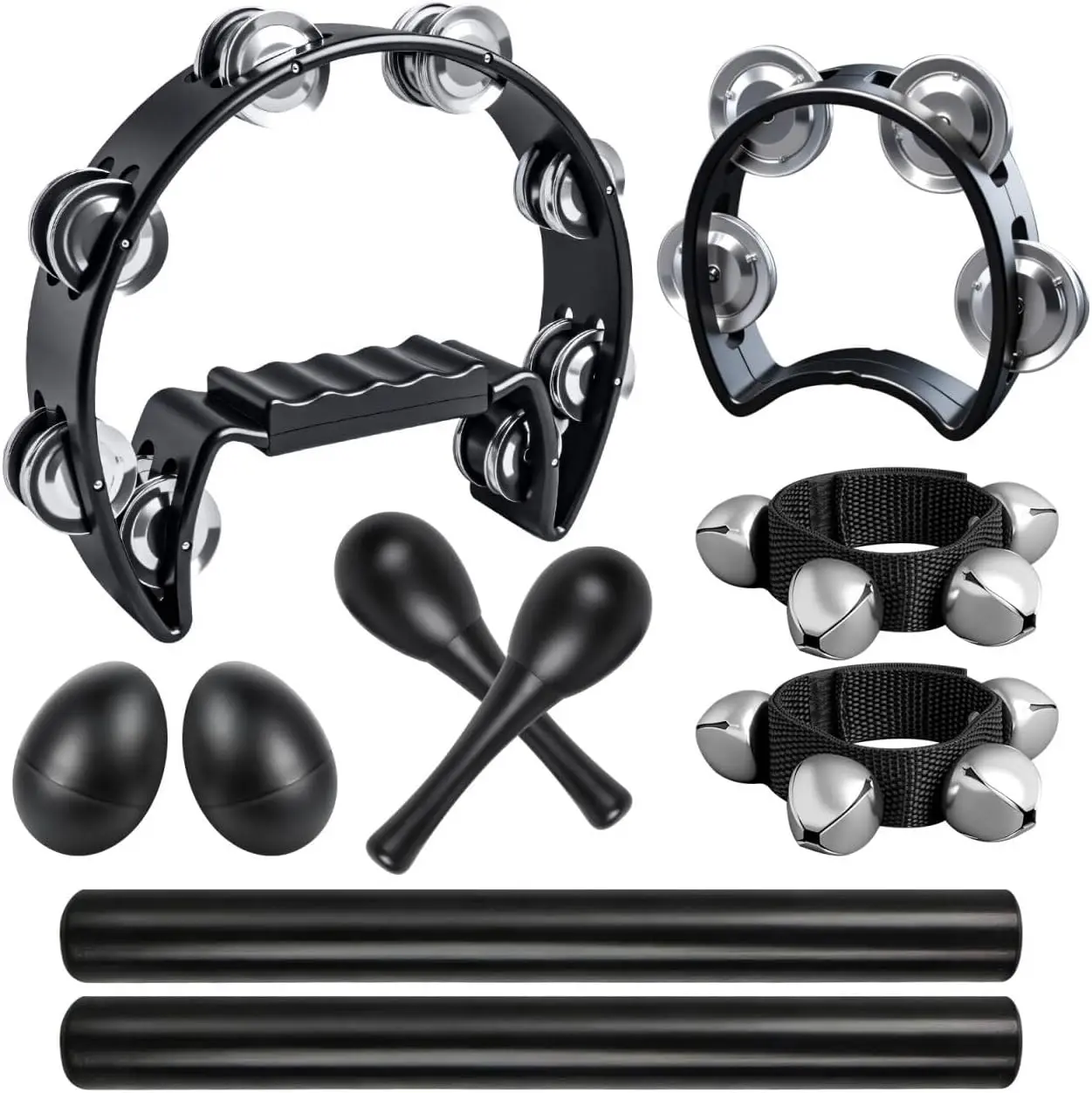 10 Pcs Black Tambourines for Adults And Kids - Half Moon Tambourine, Wood Rhythm Sticks, Bells Tambourine, Wrist Bells, Egg Shakers, a Pair Maracas, Musical Percussion Instrument Set for Church,Party