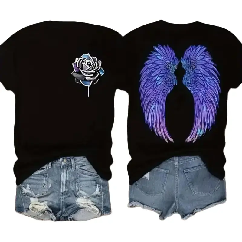 Women's Black Short-Sleeve Fitted Casual Breathable Double-Sided Cotton Top - Ombre Angel Wings Streetwear Shirt, Pair with Leather Skirts or Shorts, Tops, Shortsleeve, Graphic