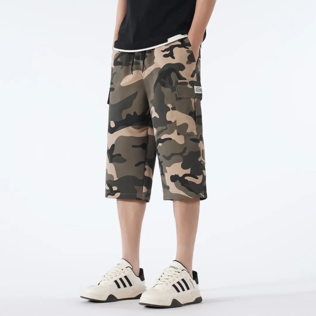 Men's Oversize Outdoor Cargo Shorts - Wear-Resist, Breathable Fabric, Multi-Pockets, Drawstring Waist, Plus-Size, Baggy, Loose-Fit, Camouflage, 5-Point Bottoms, Outdoor Ready Streetwear, Wear‑Resist Fabric
