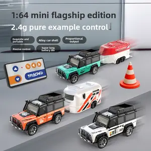 1:64 Mini Alloy RC Pickup Truck with Trailer, Remote Control Off-Road Car, Rechargeable Drift Racing Toy with LED Lights, Powerful Pulling Desktop Model Gift for Kids