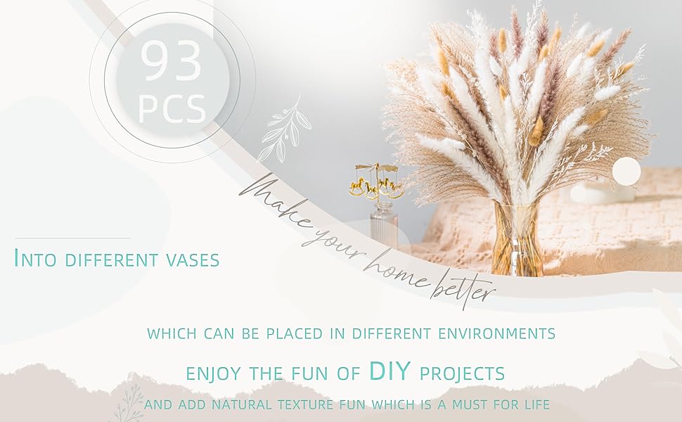 Natural Pampas Grass 8kind Grass Mix Bouquet | Dried Pampas Bouquet for Wedding Boho Flowers Home Table Desk Decor, Rustic Farmhouse Decor (93PCS)