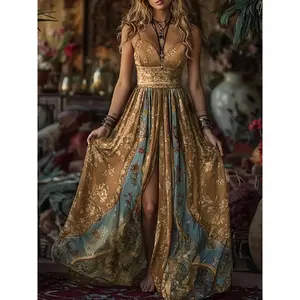 Summer New Bohemian Printed V-neck Thin Strap Vacation Style Women's Dress