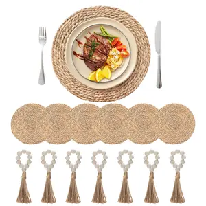 7 Pack 13.78'' Round Woven Placemats with Wooden Beads Napkin Rings, Boho Rattan Table Mats for Dinner Plates, Rustic Wicker Place Mats, Straw Braided Table Placemats, for Dining Table Decor, Wedding, Farmhouse and Home Decor