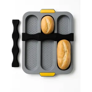Food-Grade Perforated Silicone Baguette Bread Pan - Nonstick 3 Cavity Loaf Mold with 2 Dividers Baking Tray for Homemade French Bread, Hoagie Roll, Sub, Sandwich Bun, Hotdog, Oven & Dishwasher Safe