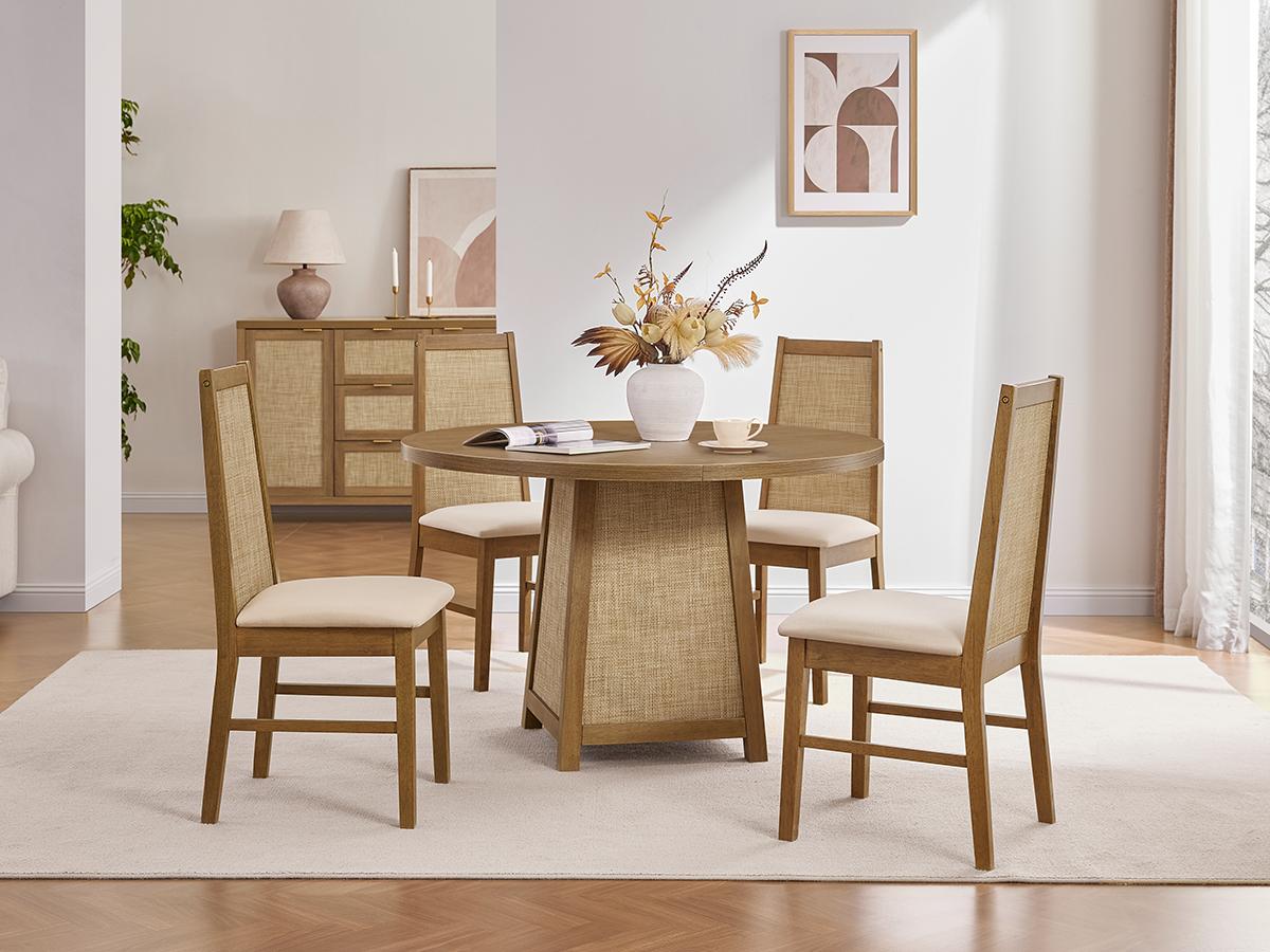 SICOATS Farmhouse Dining Table Set, 5-Piece Round Kitchen Table for 4 with Rattan Detail & Upholstered Chairs, 47 Inch Solid Wood Dining Set in Oak, Modern Cottage Style