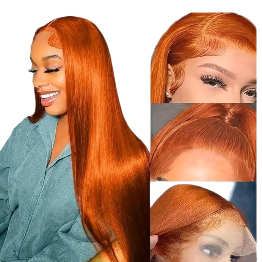 Melly's Ginger Orange Bone Straight Lace Frontal Human Hair Wig Brazilian Straight Lace Front Human Hair Wigs #33 Color 13x4 Transparent Lace Frontal Wig 180% Density