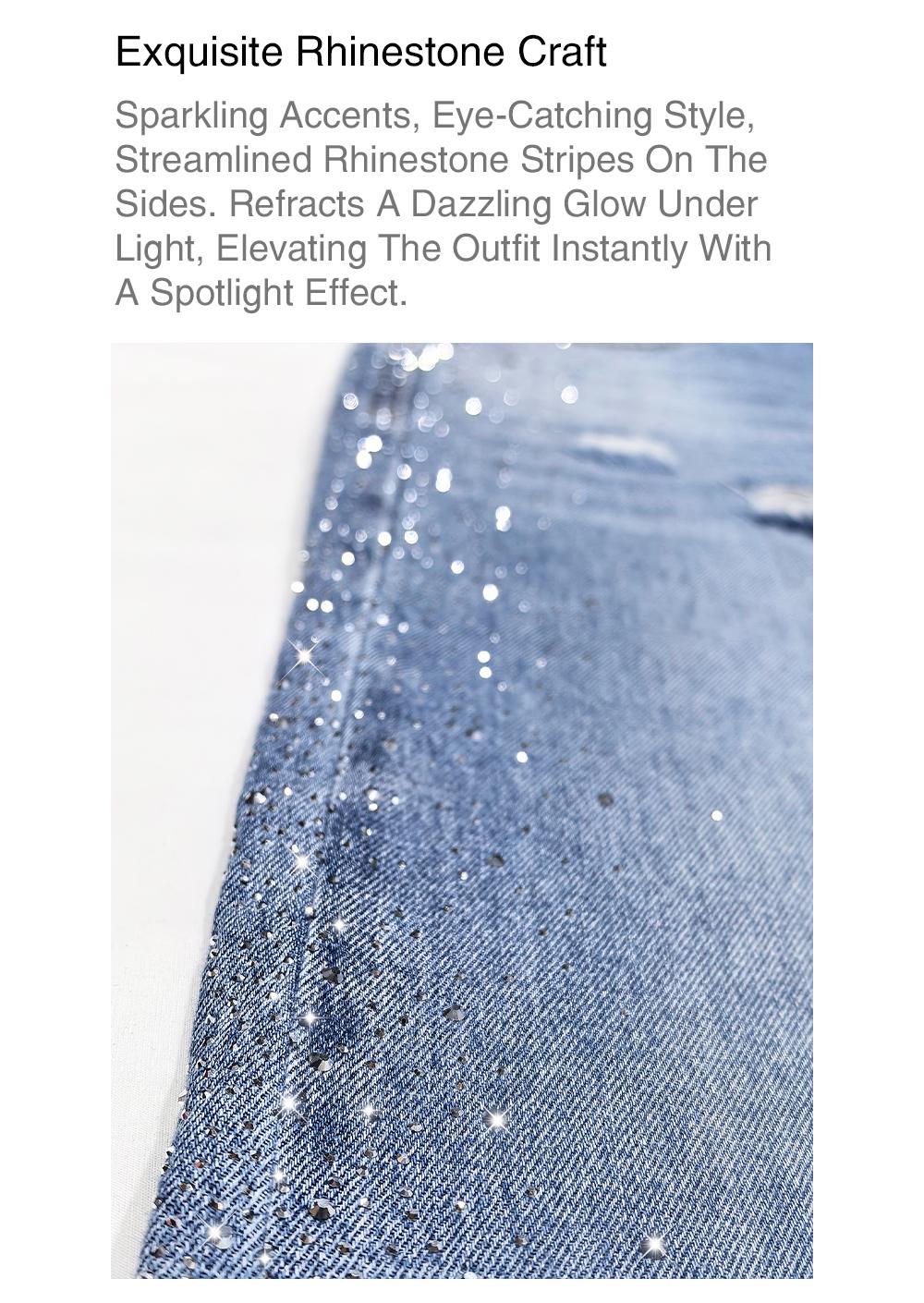 Lux Lee Spring Rhinestone Baggy Straight Jeans - High-Waisted, Slimming & All-Match, Distressed & Washed Denim, Sparkling Side Rhinestones, Loose Fit, Casual Streetwear, All-Match Trendy Y2K Pants for Women