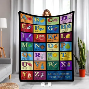 26 ABC Alphabet Phonics Cartoon Grid Throw Blanket - Black Border, Rainbow Color Block,Early Learning Flannel Fleece, Letter Phonetic Symbols & Matching Fruit/Animal Cartoons, Toddler Preschool Educational Baby Shower Gift