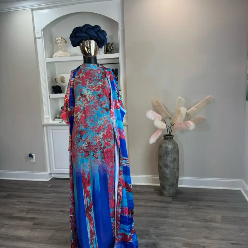 Women's Modest Islamic Kamila Luxe Mesh-Silk 2-Piece Set, 62in Floral Kaftan, Statement African Luxury Outfit, Two Piece Set