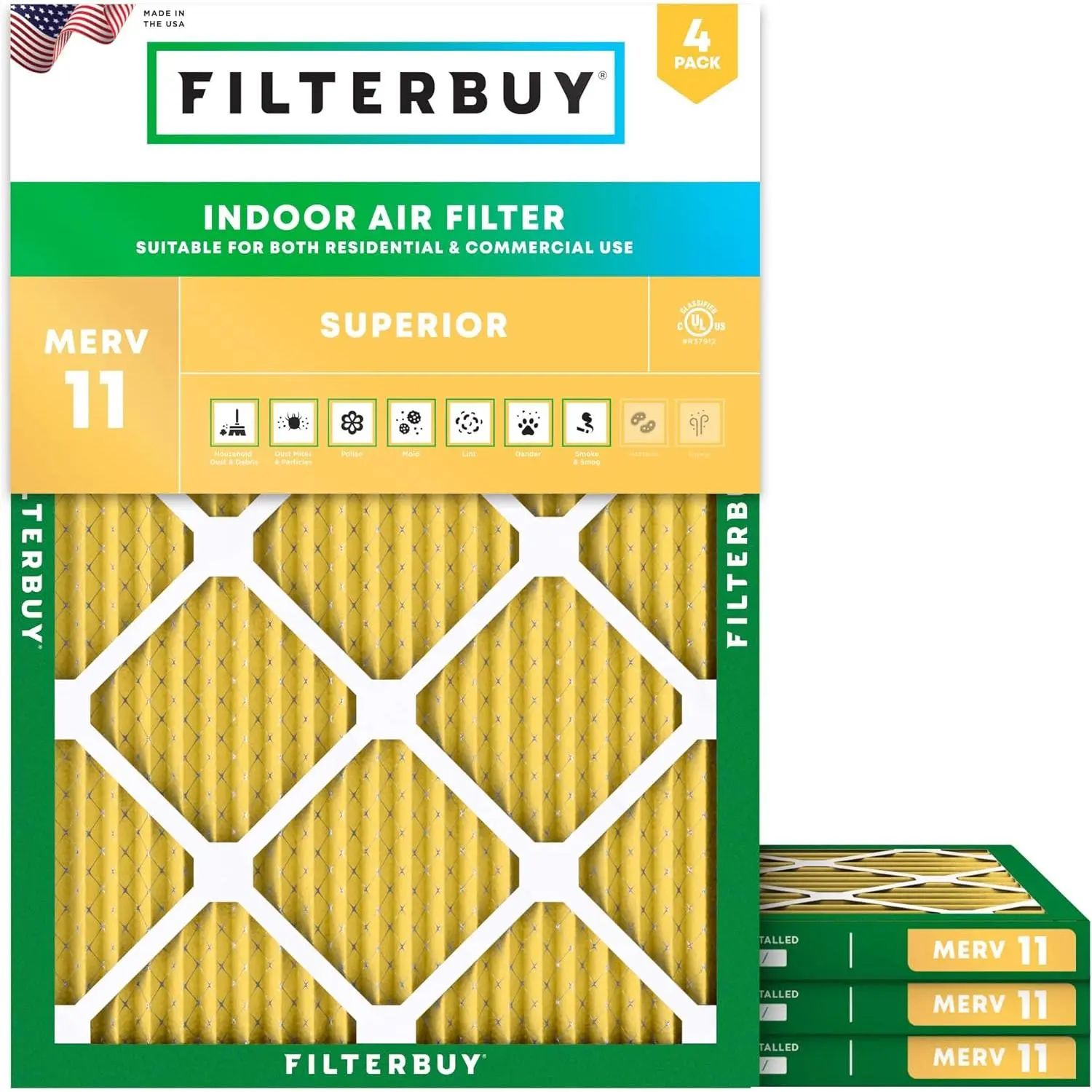 Filterbuy New Rectangular HVAC AC Furnace Replacement Air Filter (4-Pack), 16x21.5x1 in Eco-Friendly Electrostatically Charged Synthetic Media MERV 11 Allergen Trap (Recyclable Materials, Actual Size: 16.00x21.50x1.00 in)