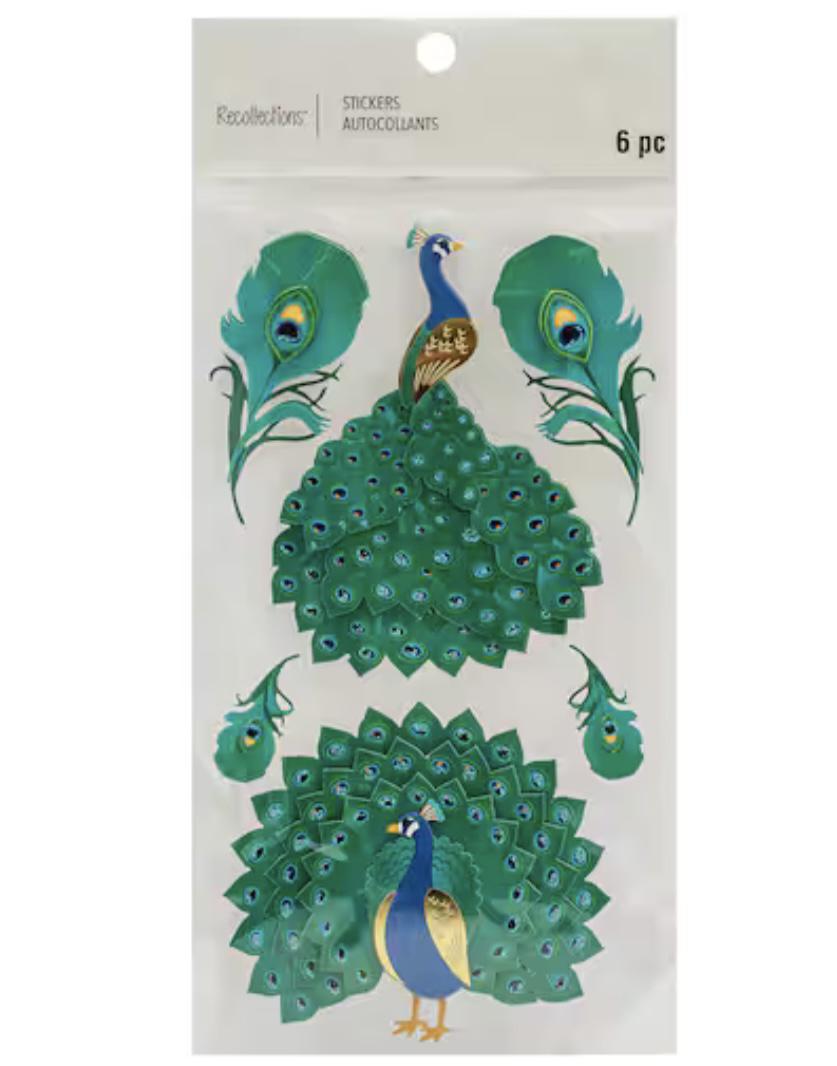 Recollections Peacock Stickers for Scrapbooking 6pc, Green and Blue Color Scheme