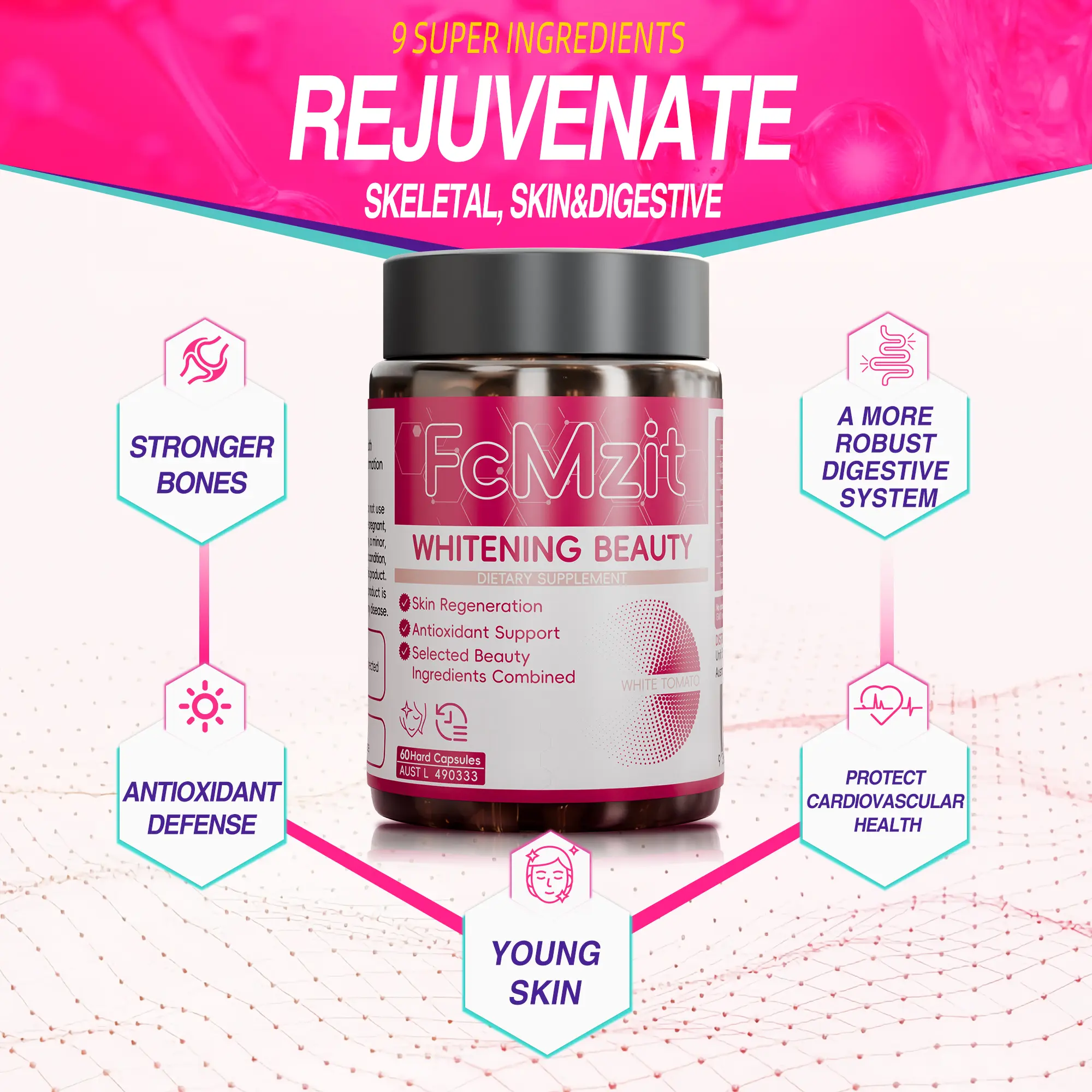 FDA Certified 9-IN-1 White Tomato Complex Dietary Supplement Capsules, 1190mg Daily Dose with Glutathione, Vitamin C, Astaxanthin, Grape Seed, Antioxidants for Skin Radiance, Collagen & Immune Support Bottle