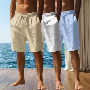 3-pack men’s solid linen shorts—comfortable, breathable for everyday wear; suitable for all seasons; casual loose fit with relaxed cuts.