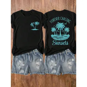 Sunsets Beach Palm Tree And Letter Print Short Sleeve Round Neck T-Shirt, Suitable For Casual, Outdoor, Holiday Everyday Wear, All Seasons