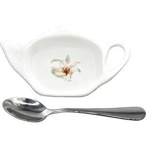 Ceramic Tea Bag Holder Teapot shaped Teabag Coaster Tray 4.5 inches Spoon Rest with Spoon