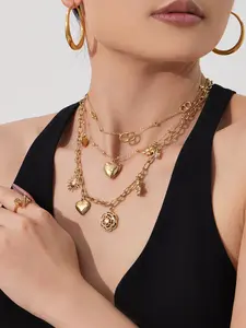 French Rose Zircon Heart Layered Clavicle Chain Necklace, Fashionable Luxurious Rhinestone Pendant, Elegant Dual-Layer Design, Heart Shaped Necklace