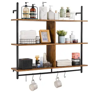 fathersdaygift VEVOR Industrial Pipe Shelf, 3 Tier 41.5x9.84in, Wall-Mount Floating Rustic Wood Shelves Bracket Display Bookshelf, Storage Rack Sundries Holder for Kitchen Bedroom Bathroom Living Room, Black