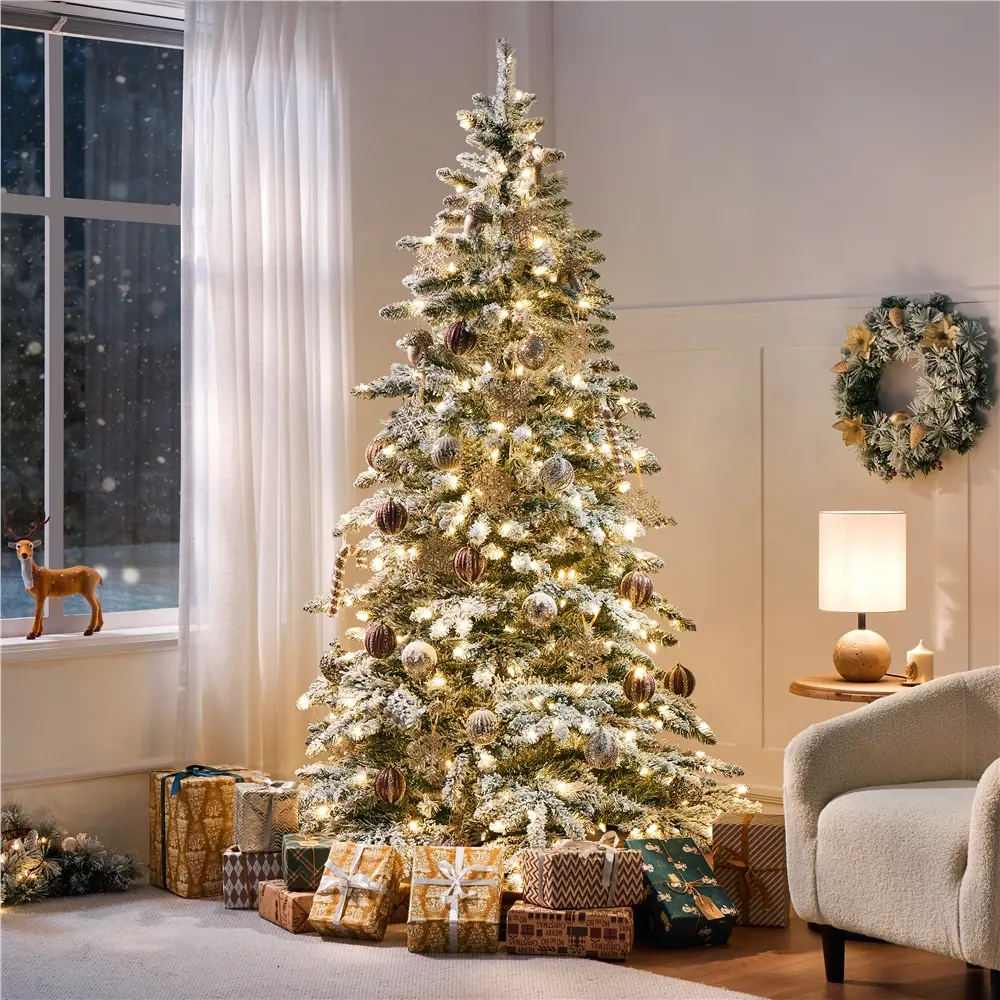 Costoffs 6/7.5 FT Pre-lit Snow Flocked Slim Christmas Tree, Cozy Warm LED Lights & Fluffy Tips, Holiday Tree with Stand & Floor Protector