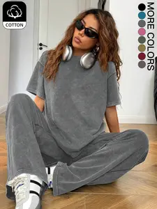 Women's Casual Sporty Acid Wash Vintage Knit Street Style Cotton Two-Piece Set, Loose Fit Slim Round Neck Short Sleeve T-Shirt + Wide Leg Pants