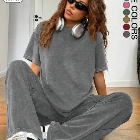 Women's Casual Everyday Acid-Wash Vintage Street-Style Soft Cotton Two-Piece Set, Two Pieces Outfits, Loose-Fit Round-Neck Short-Sleeve T-Shirt and Wide-Leg Pants