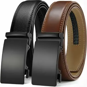 Men’s Ratchet Belt 2 Pack – Adjustable Automatic Buckle Leather Belts with Matte Black Buckle