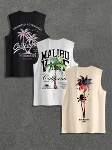 Men's Palm Tree Print Tank Top, Regular Fit Casual Sleeveless Round Neck Top for Summer, Men's Top for Outdoor Activities, Menswear, Graphic Tees, Athletic Tank Tops, Sleeveless Basic Tanks, Workout Tank Tops, Beach Tank